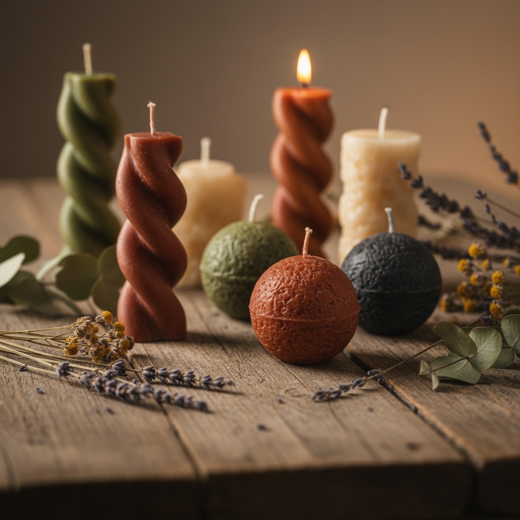 Várias velas de formatos cilíndricos e esféricos em tons terrosos, verdes e beges estão dispostas sobre uma mesa de madeira junto a raminhos de lavanda e eucalipto.