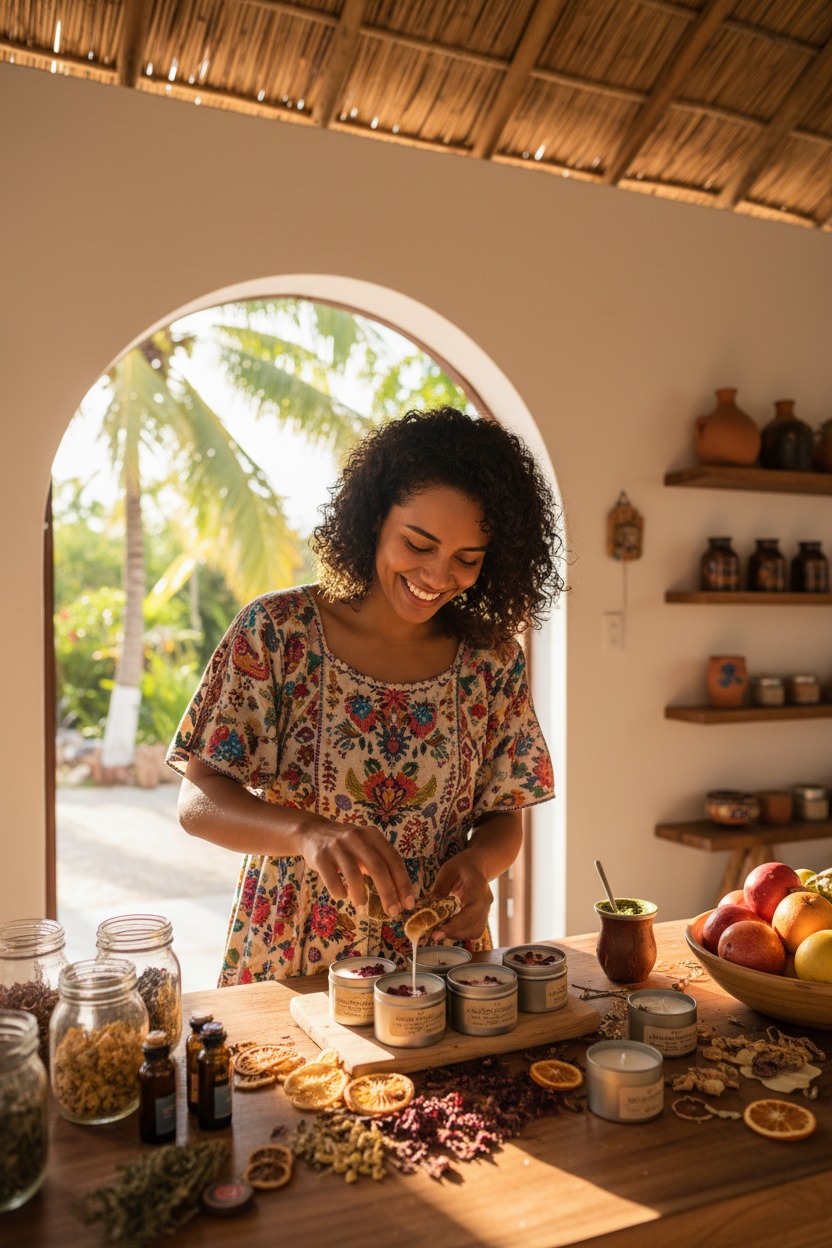 Uma mulher sorridente com blusa florida derrama cera em velas artesanais dispostas sobre uma mesa de madeira, em um ambiente rústico com vista para um jardim tropical.